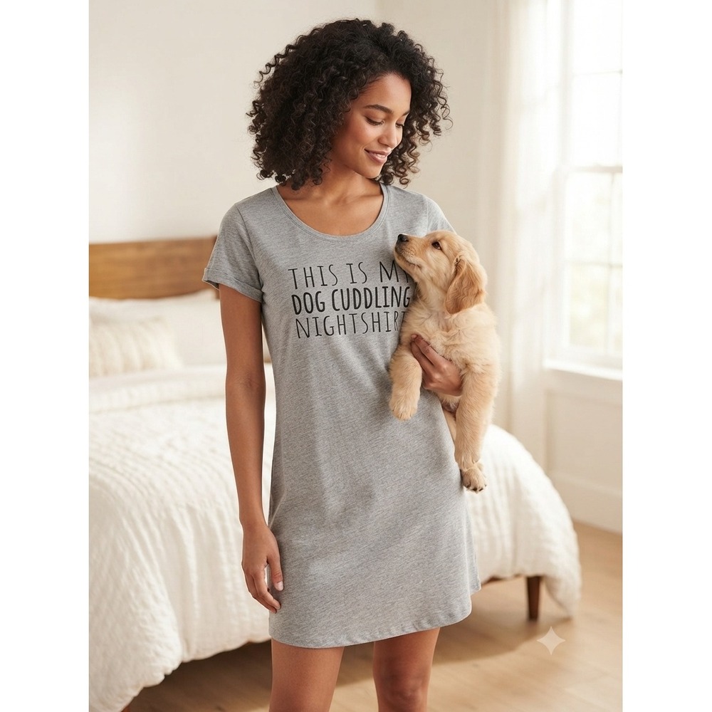 Live and Tell Dog Cuddling Nightshirt Grey V-Neck Sleep Dress Womensf S  Medium